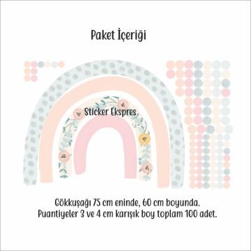 Çiçekli Pembeli Soft Gökkuşağı ve Puantiyeler Sticker Set