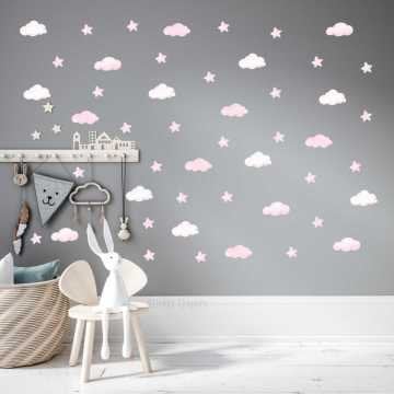 Toz Pembe Bulutlar Ve Yıldızlar Çocuk Odası Sticker Seti