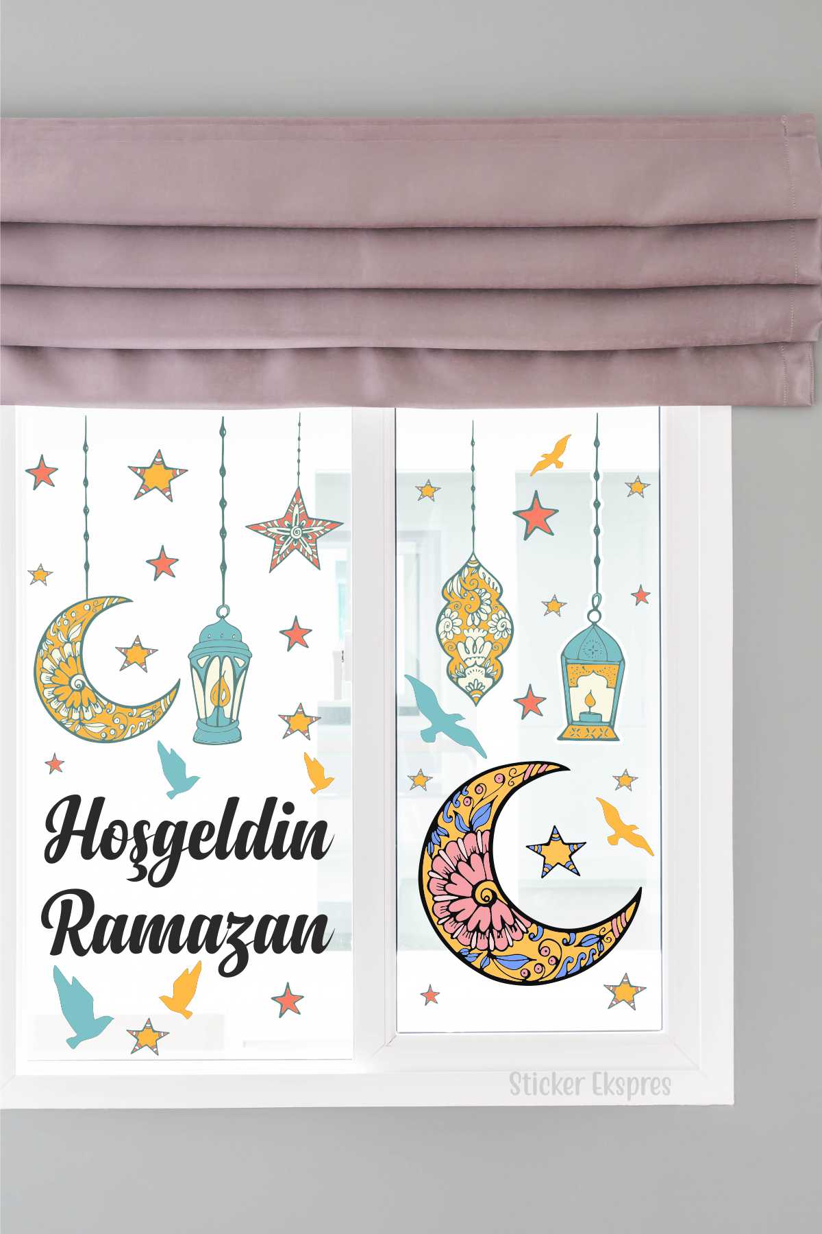 Hoşgeldin Ramazan Sarkıtlı Hilal Kandil Ve Yıldızlar Duvar Ve Cam Sticker Seti