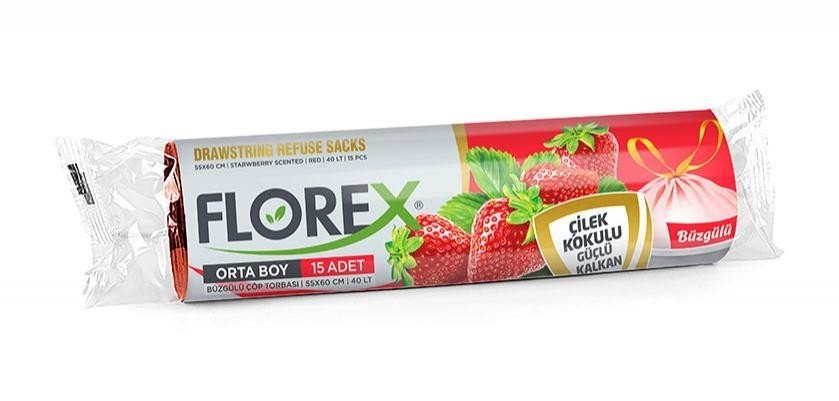 Florex Çilek Kokulu Büzgülü Orta Boy Çöp Poşeti 55cm x 60cm