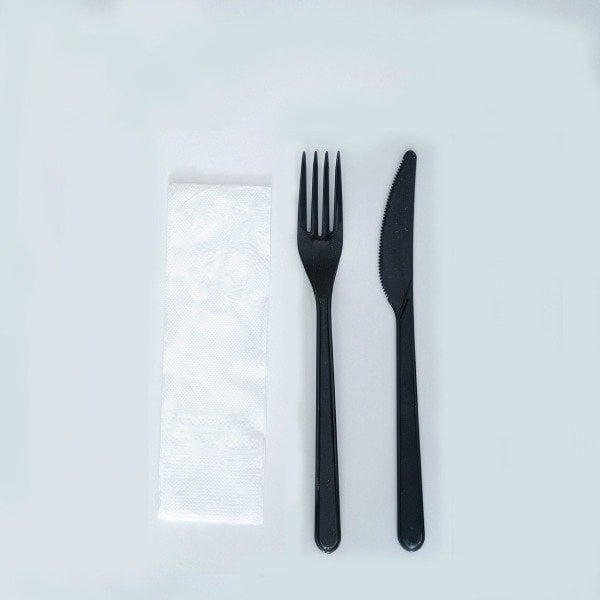 Lüks Siyah Plastik 3'lü Yemek Seti 100 Adet
