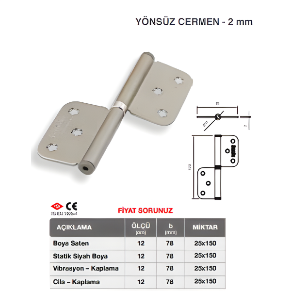 Çelik Cermen Yönsüz Menteşe 2mm