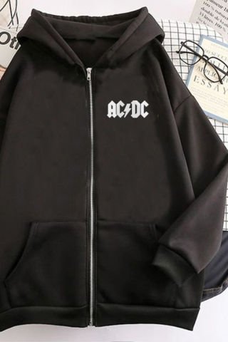 Siyah AC-DC High Voltage Unisex Içi Polar Kapüşonlu Geniş Kesim Fermuarlı Sweatshirt