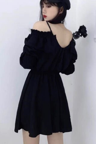 Siyah Kuşgözü Detaylı Omuz Askılı Elbise