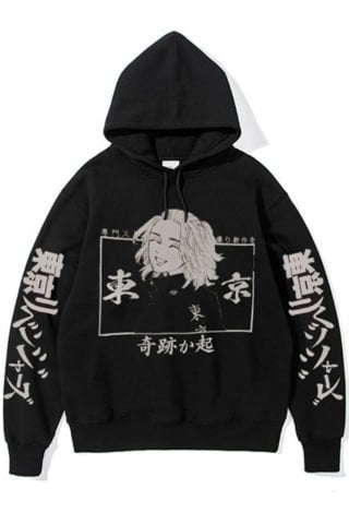 Siyah Tokyo Revengers Mikey İçi Polar Kol Baskılı Kapüşonlu Unisex Sweatshirt