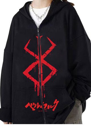 Siyah Anime Berserk Logo Fermuarlı Unisex Kapüşonlu Sweatshirt
