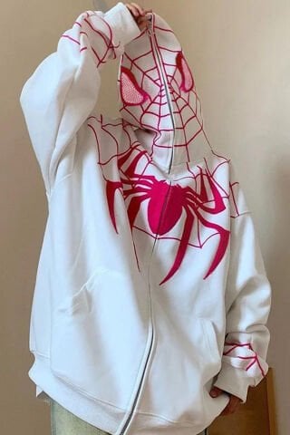 Beyaz Spider-Man Goth Fermuarlı Unisex Kapüşonlu Sweatshirt