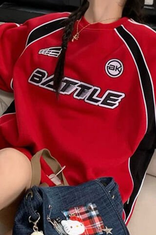 Kırmızı Battle Şeritli Unisex Uzun Kollu Sweatshirt