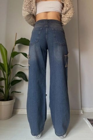 Lacivert Yıldız Yamalı Vintage Kot Pantolon