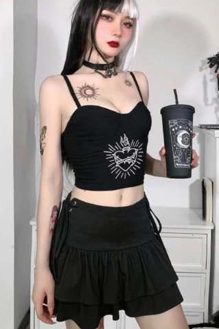 Çift Taraflı Kuşgözü Bağcıklı Siyah Gothic Etek