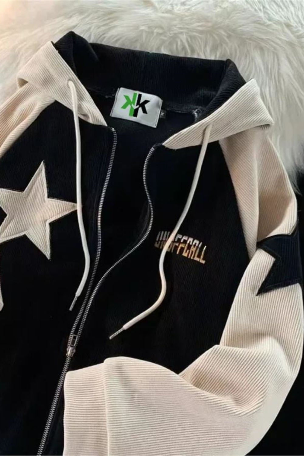 Siyah Unoffcall Bej Star Fermuarlı Kapüşonlu Sweatshirt