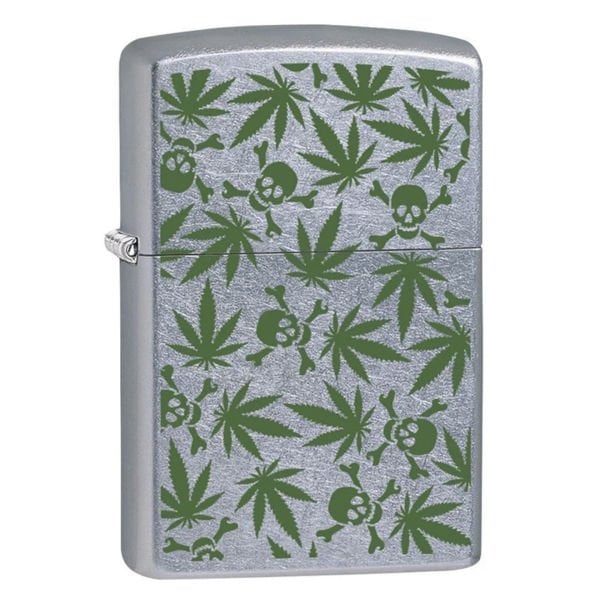 Zippo Street Chrome With Weed Leaves and Skulls Design Çakmak - 49007-00071-MODEL02