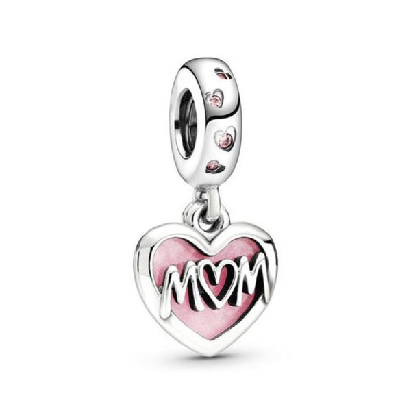 Nur Silver Mom Yazılı Pembe Mineli Kalp Gümüş Charm NUR-BL00193