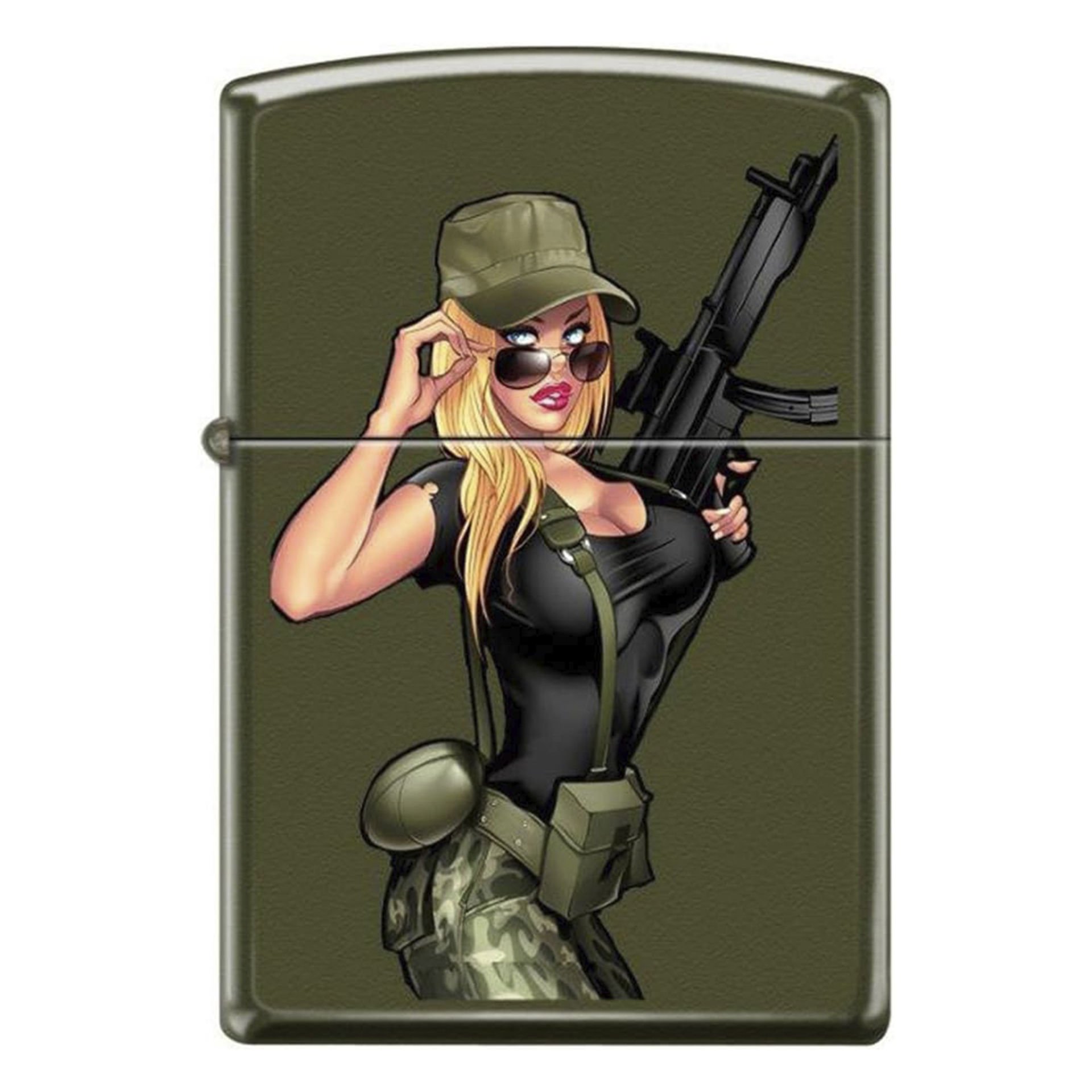 Zippo Military Lady Pin up with a Gun Green Matte Lighter Çakmak 49007-00063-MODEL02