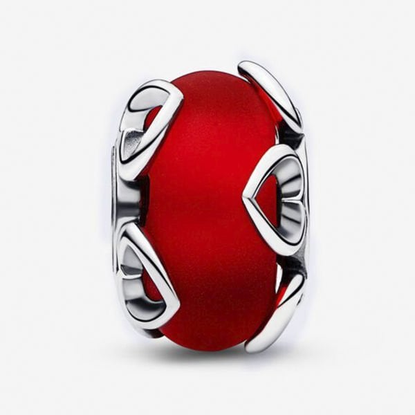Nur Silver Buzlu Kırmızı Murano Cam ve Kalpler Gümüş Charm - NUR-CM00339