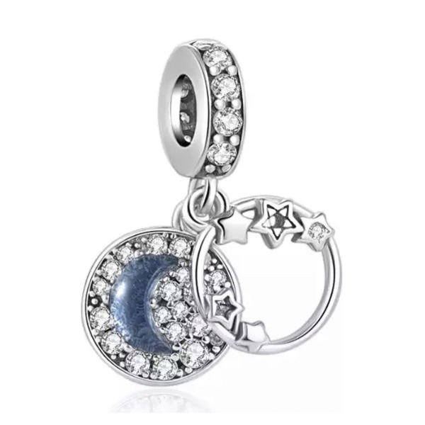 Nur Silver Hilal ve Yıldızlar Sallantılı Gümüş Charm - NUR-CM00363