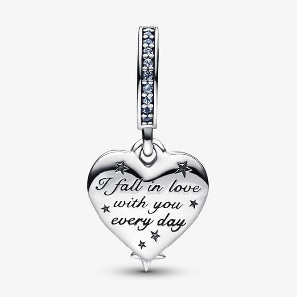 Nur Silver Kayan Yıldız Kalp Çift Sallantılı Gümüş Charm - NUR-CM00370