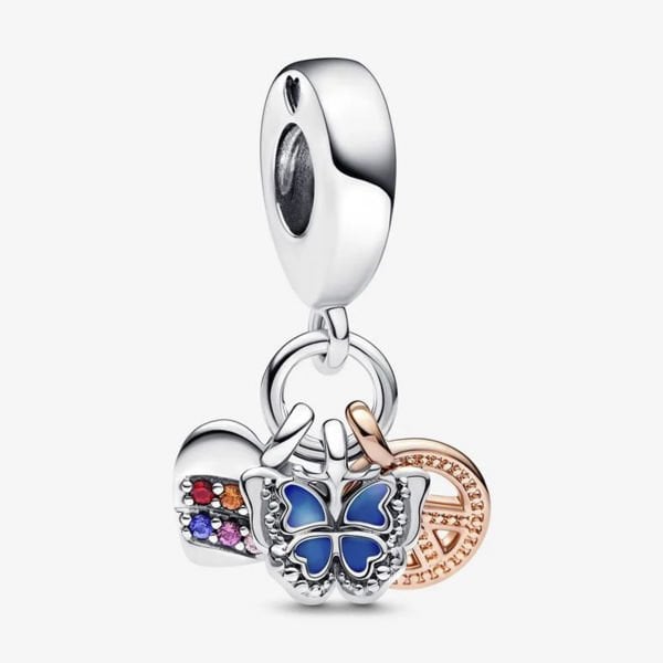 Nur Silver İki Renkli Gökkuşağı Kalp, Kelebek ve Barış Üçlü Sarkıt Charm - NUR-CM00454