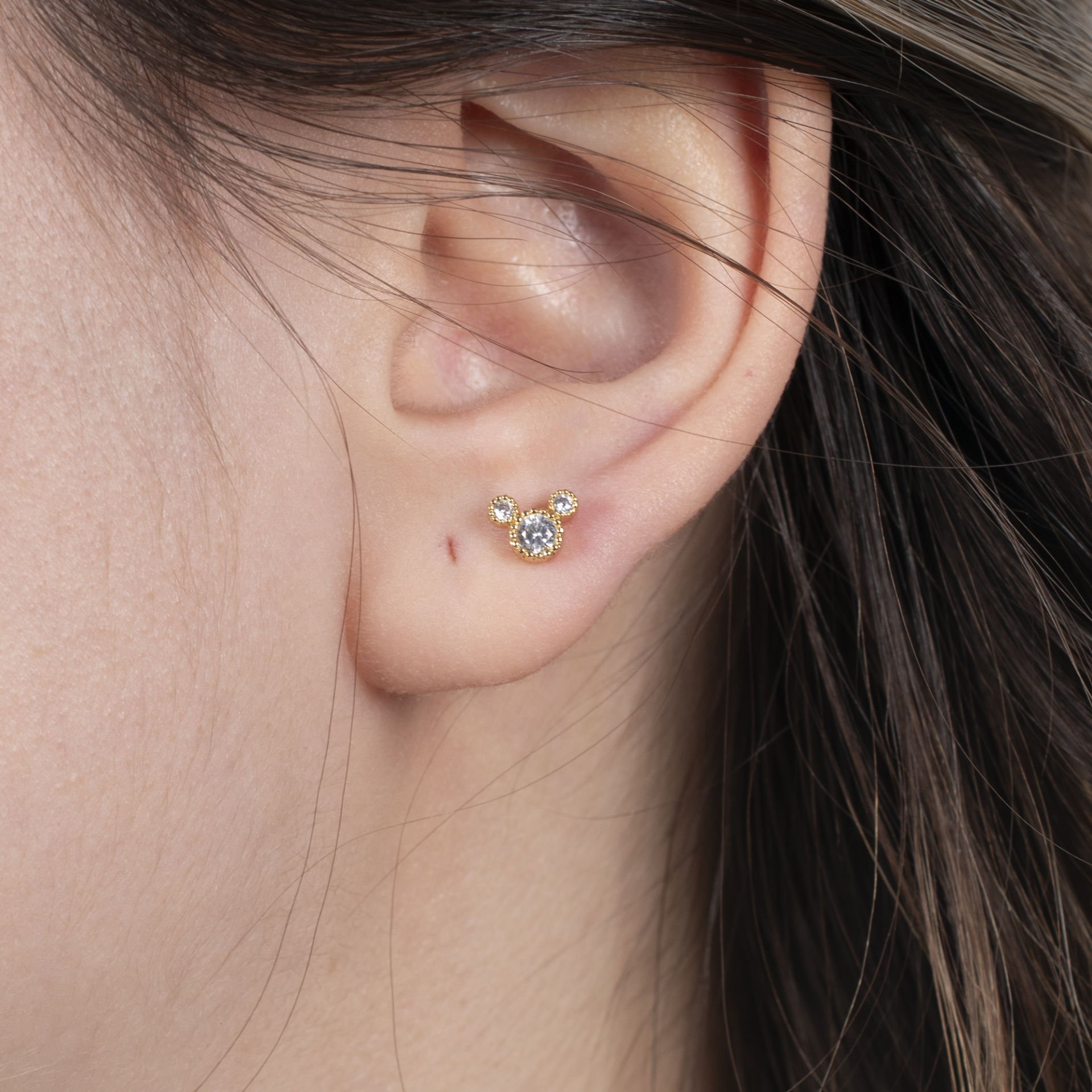 Nur Silver Mickey Mouse Gold Çelik Tragus Küpe - NUR-KE03257