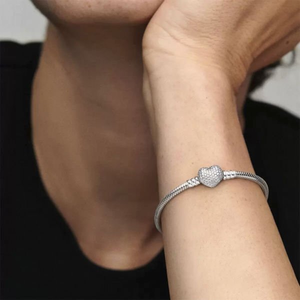 Nur Silver Işıltılı Kalp Kıvrımlı Zincir Gümüş Bileklik NUR-BL01418