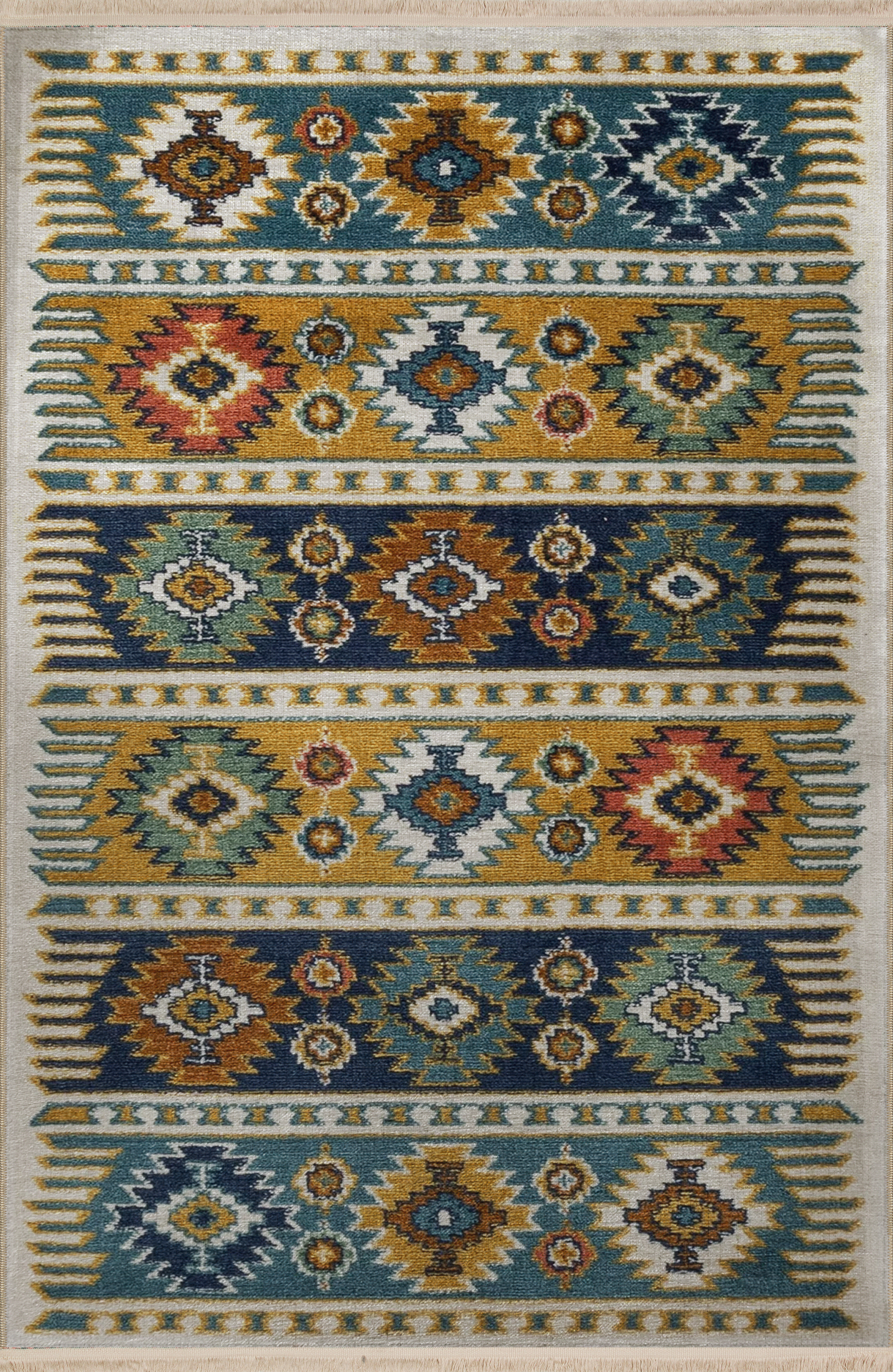 Mira Açık Ton Çok Renkli Geometrik Motif Desenli Saçaklı Vintage Dekoratif Halı Mira 2756