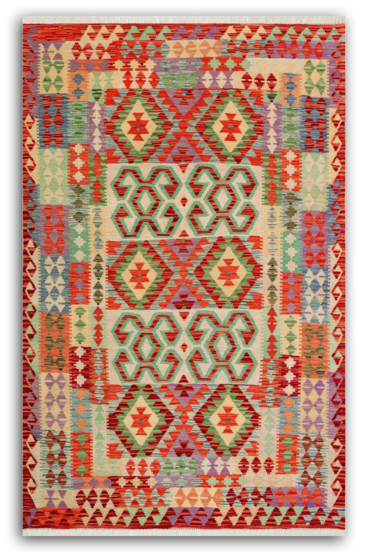 Cotton 574 Etnik Otantik Saçaklı Renkli Dokuma Taban Kilim