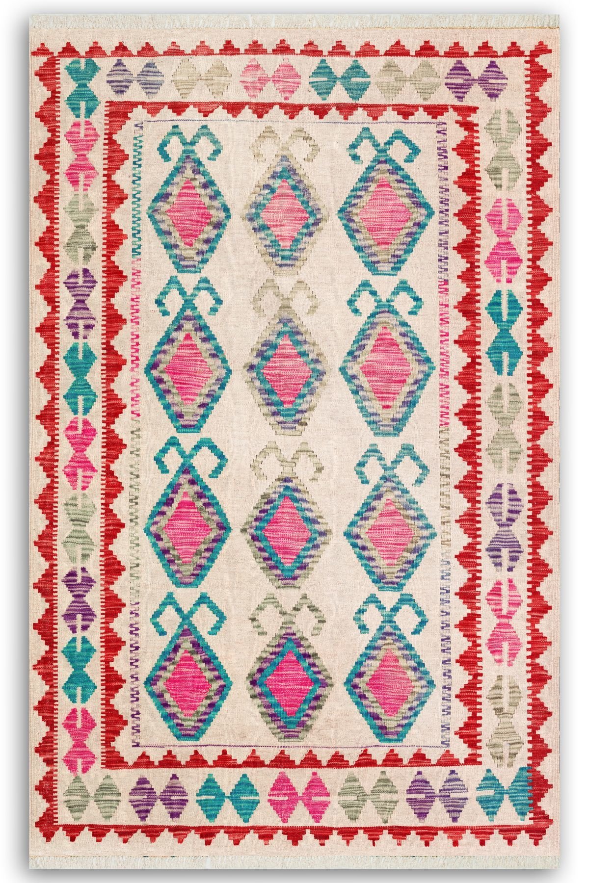 Cotton 575 Etnik Otantik Saçaklı Renkli Dokuma Taban Kilim