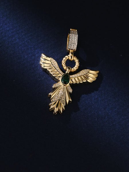14 Ayar Zümrüt Taşlı Anka Kuşu Kolye Ucu Charm