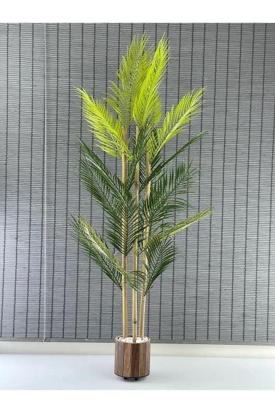 Yapay Çiçek Areka Ağacı Palmiye Ağacı Bambu Gövdeli Ahşap Saksılı 18 Yaprak 125 Cm
