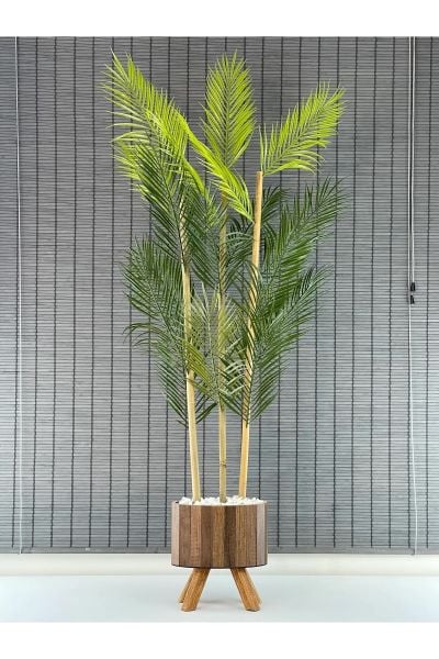 Yapay Çiçek Palmiye Ahşap Elips Saksılı Ayaklı Areka Yapay Bitki Salon Çiçeği 18 Yapraklı 135cm