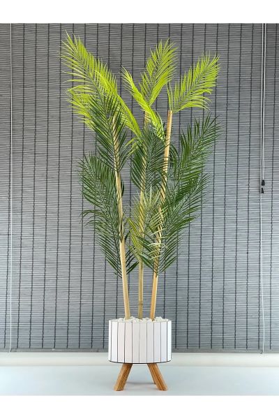 Yapay Çiçek Palmiye Ahşap Elips Saksılı Ayaklı Areka Yapay Bitki Salon Çiçeği 18 Yapraklı 135cm