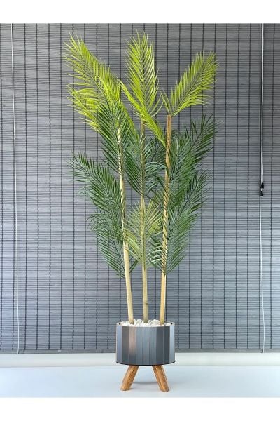Yapay Çiçek Palmiye Ahşap Elips Saksılı Ayaklı Areka Yapay Bitki Salon Çiçeği 18 Yapraklı 135cm