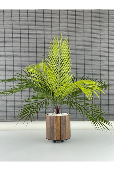 Bahçem Yapay Çiçek Palmiye Ahşap Saksılı Areka Yapay Bitki Salon Çiçeği 9 Dallı 50cm
