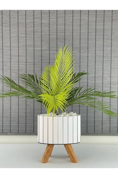 Bahçem Yapay Çiçek Palmiye Ahşap Elips Saksılı Areka Yapay Bitki Salon Çiçeği 9 Dallı 65cm