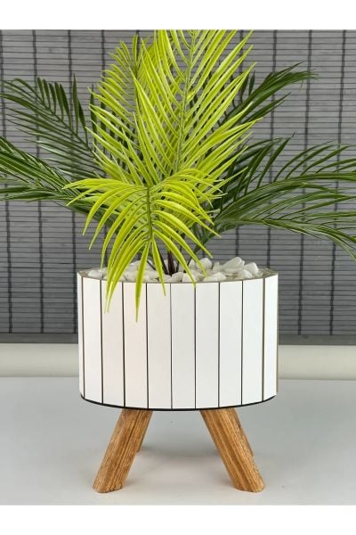 Bahçem Yapay Çiçek Palmiye Ahşap Elips Saksılı Areka Yapay Bitki Salon Çiçeği 9 Dallı 65cm