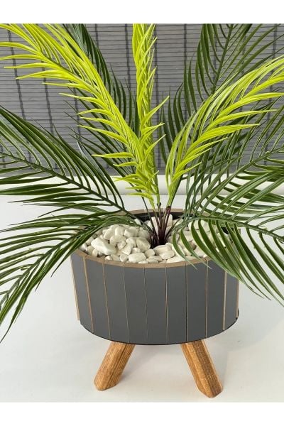 Bahçem Yapay Çiçek Palmiye Ahşap Elips Saksılı Areka Yapay Bitki Salon Çiçeği 9 Dallı 65cm