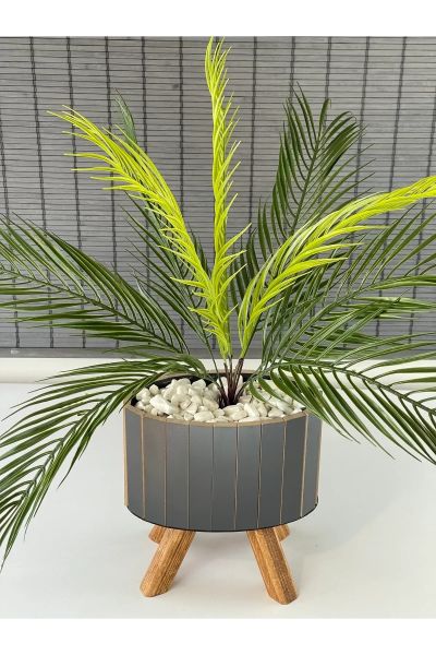 Bahçem Yapay Çiçek Palmiye Ahşap Elips Saksılı Areka Yapay Bitki Salon Çiçeği 9 Dallı 65cm