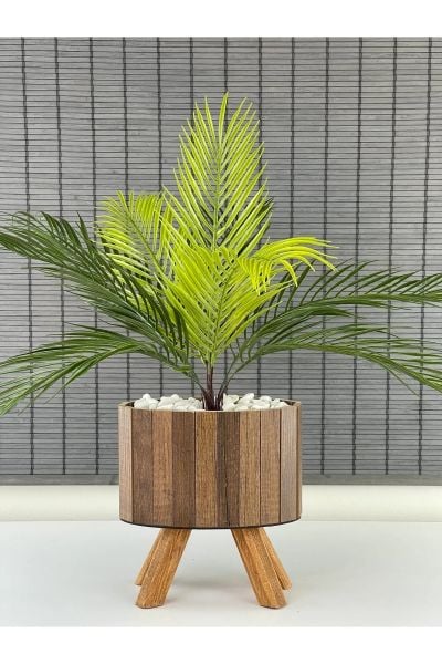 Bahçem Yapay Çiçek Palmiye Ahşap Elips Saksılı Areka Yapay Bitki Salon Çiçeği 9 Dallı 65cm