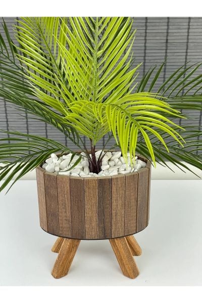 Bahçem Yapay Çiçek Palmiye Ahşap Elips Saksılı Areka Yapay Bitki Salon Çiçeği 9 Dallı 65cm