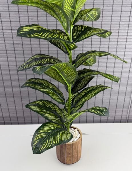 Bahçem Yapay Yapraklı Dua Çiçeği Tropik Sarı Şeritli Ahşap Saksılı 23 Yaprak 85cm