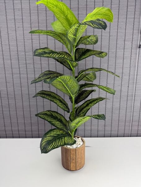 Bahçem Yapay Yapraklı Dua Çiçeği Tropik Sarı Şeritli Ahşap Saksılı 23 Yaprak 85cm