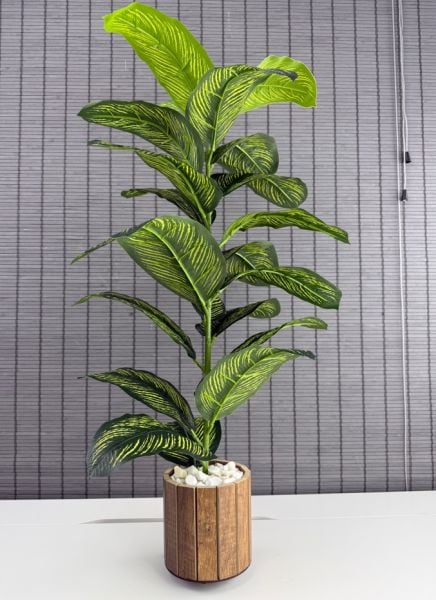 Bahçem Yapay Yapraklı Dua Çiçeği Tropik Sarı Şeritli Ahşap Saksılı 23 Yaprak 85cm