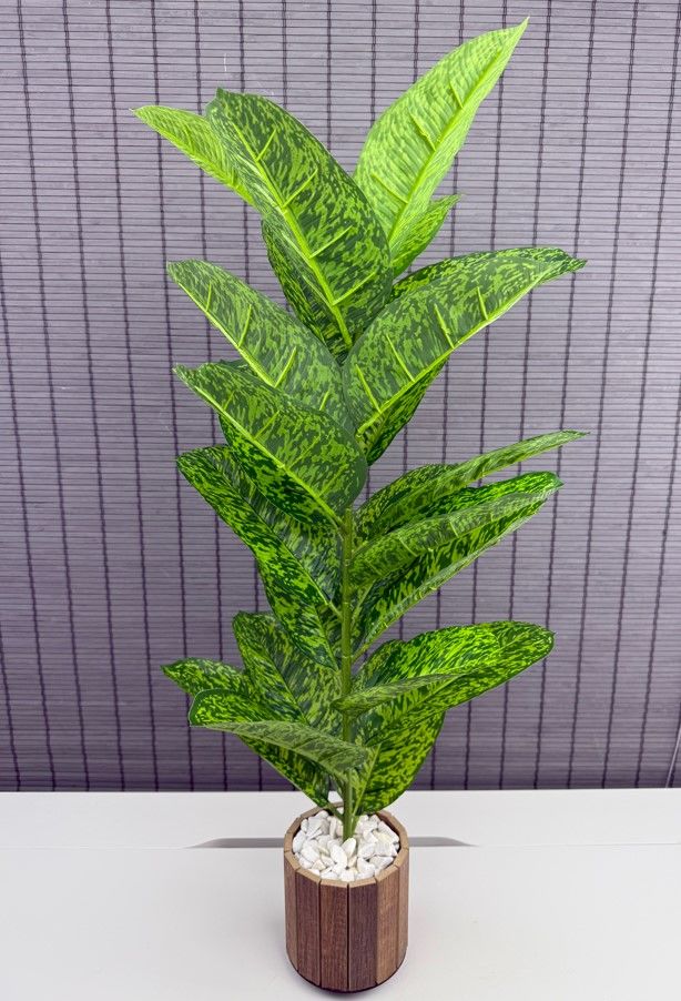 Bahçem Yapay Çiçek Difenbahya Tropik 23 Yapraklı 85 Cm Salon Çiçeği Ahşap Saksılı Yapay Bitki