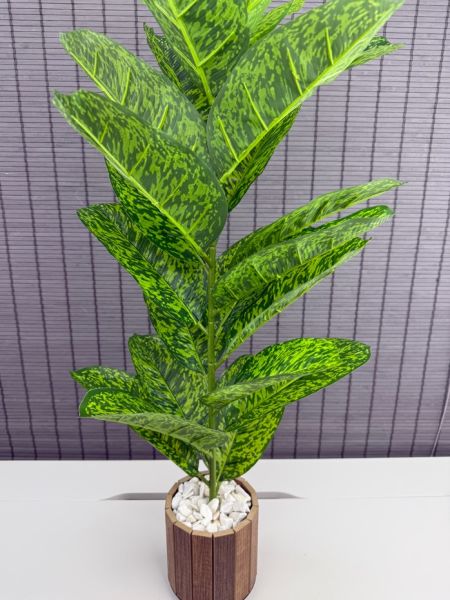 Bahçem Yapay Çiçek Difenbahya Tropik 23 Yapraklı 85 Cm Salon Çiçeği Ahşap Saksılı Yapay Bitki