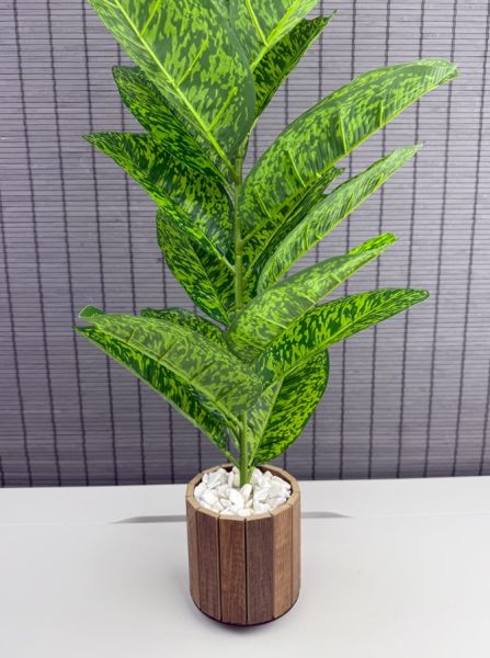 Bahçem Yapay Çiçek Difenbahya Tropik 23 Yapraklı 85 Cm Salon Çiçeği Ahşap Saksılı Yapay Bitki
