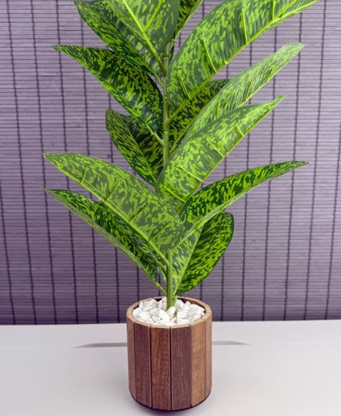 Bahçem Yapay Çiçek Difenbahya Tropik 23 Yapraklı 85 Cm Salon Çiçeği Ahşap Saksılı Yapay Bitki