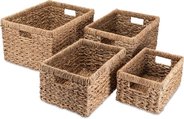 Bahçem Dekoratif Natural Renk Seagrass Dikdörtgen Hasır Sepet Düzenleyici 4'lü Set