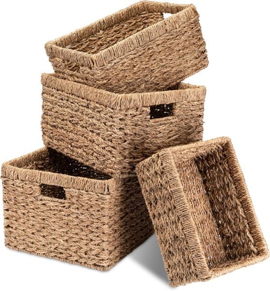 Bahçem Dekoratif Natural Renk Seagrass Dikdörtgen Hasır Sepet Düzenleyici 4'lü Set