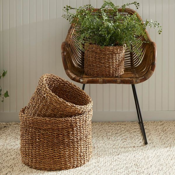Bahçem Dekoratif Natural Renk Seagrass Yuvarlak Hasır Sepet Düzenleyici 3'lü Set