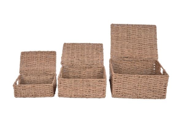 Bahçem Dekoratif Natural Seagrass Kapaklı Dikdörtgen Hasır Sepet Düzenleyici 3'lü Set